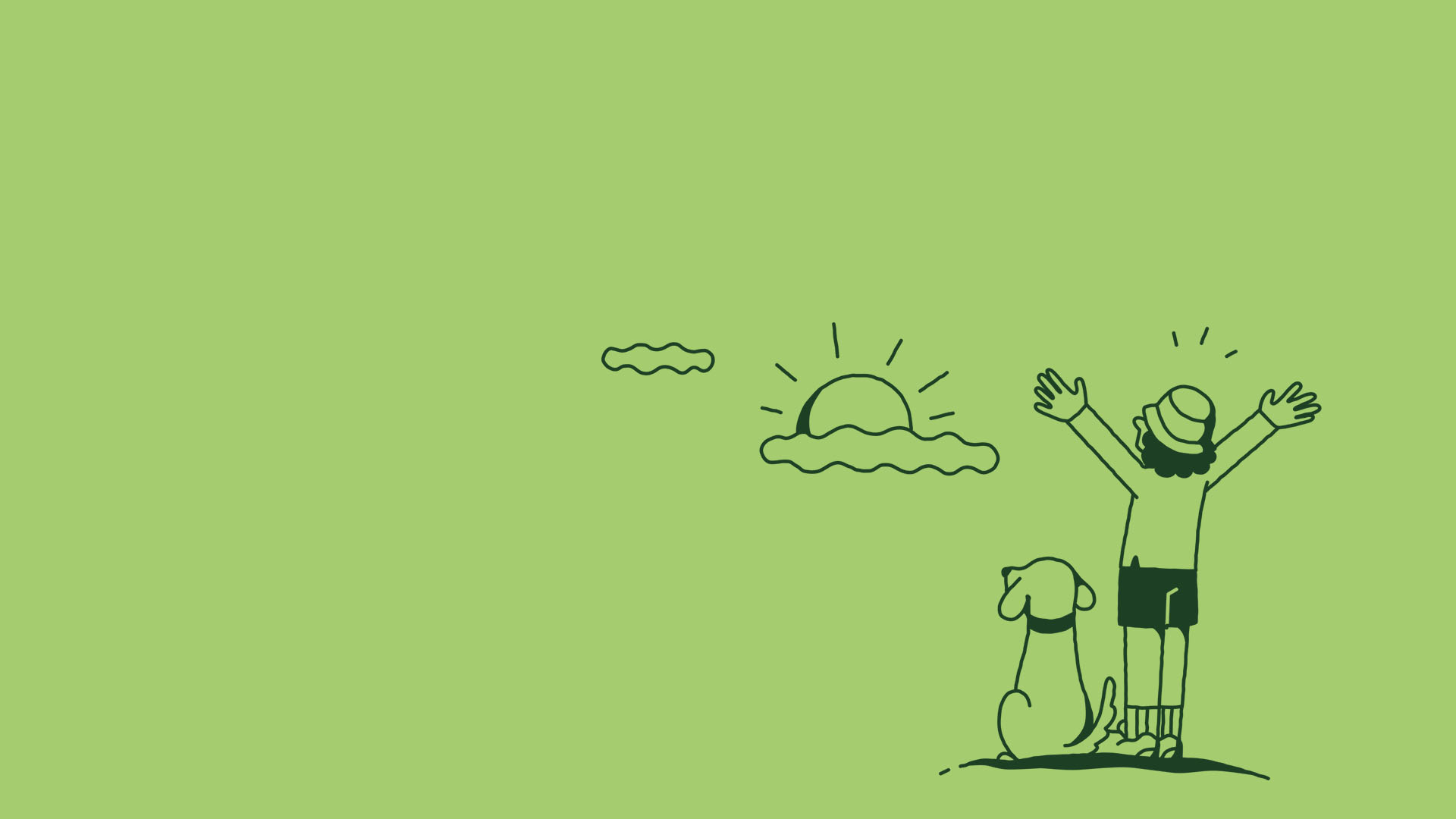 a drawing of a man and dog looking at a sun on a green background