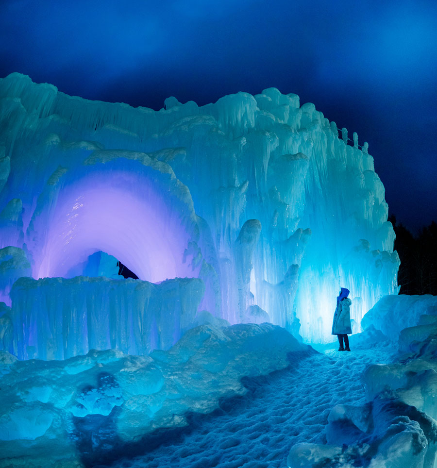 Ice castles lit up at night