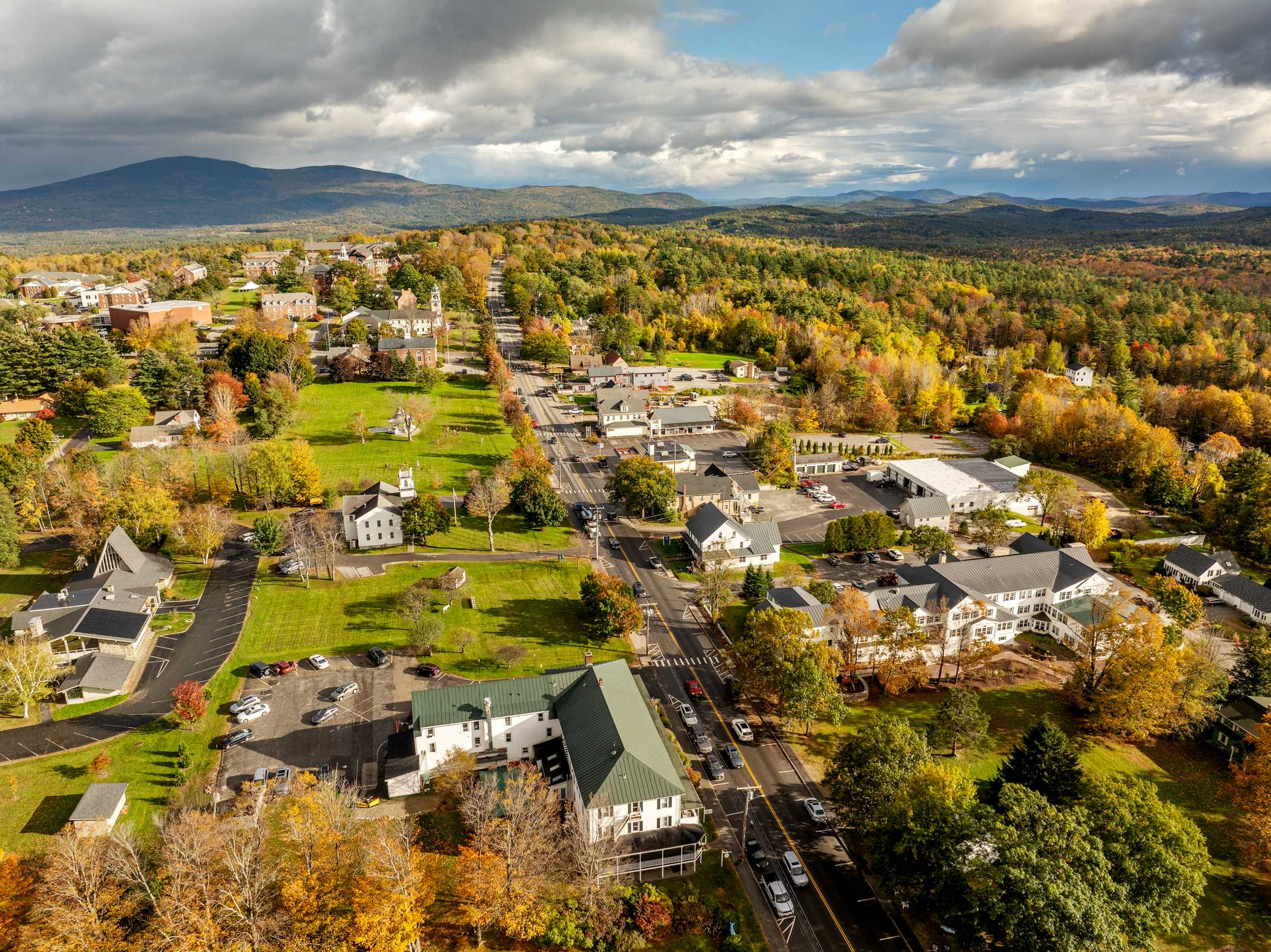 An aerial view of a town in fall
