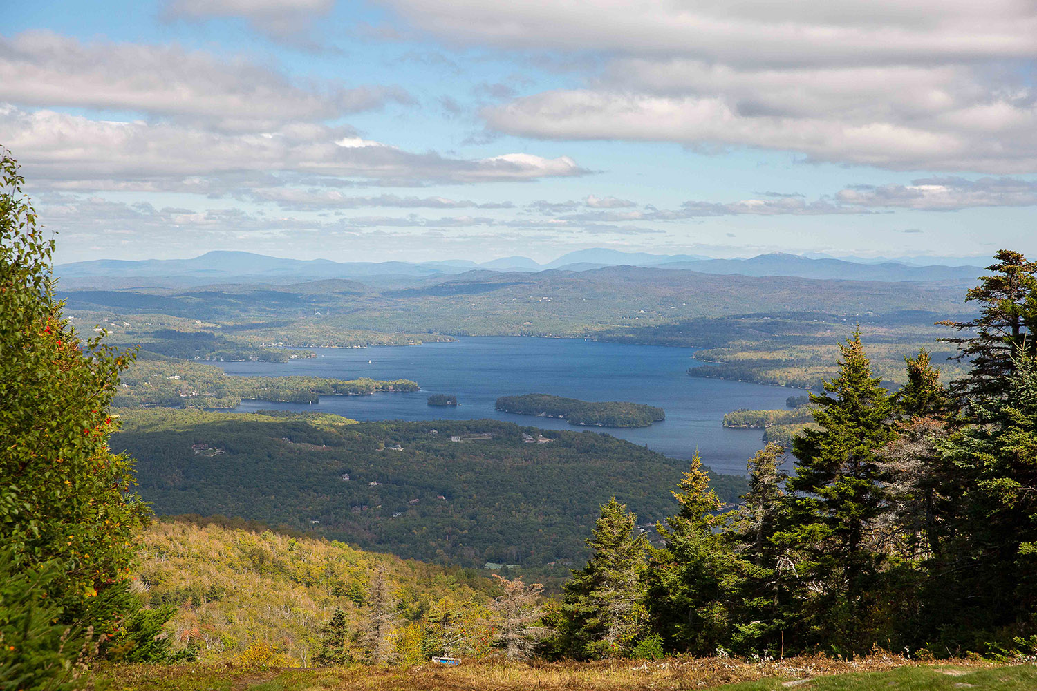 An aerial view of a large lake surrounded by green with mountains behind it.