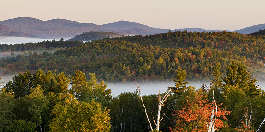 a view in fall of hillsides and foggy valleys
