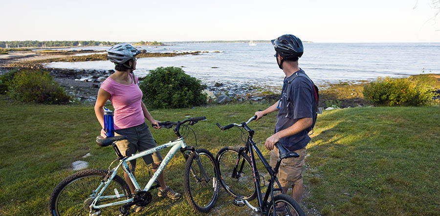 a man and woman standing by the coast with bikes, admiring the view from a grassy area