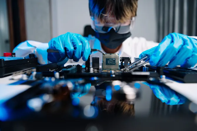 A scientist in a lab working on a board with tools