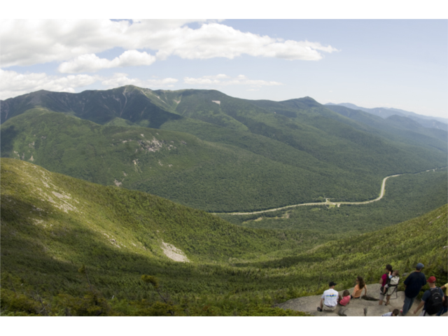 View of Franconia Notch Parkway and State Park from the top of Cannon Mountain.