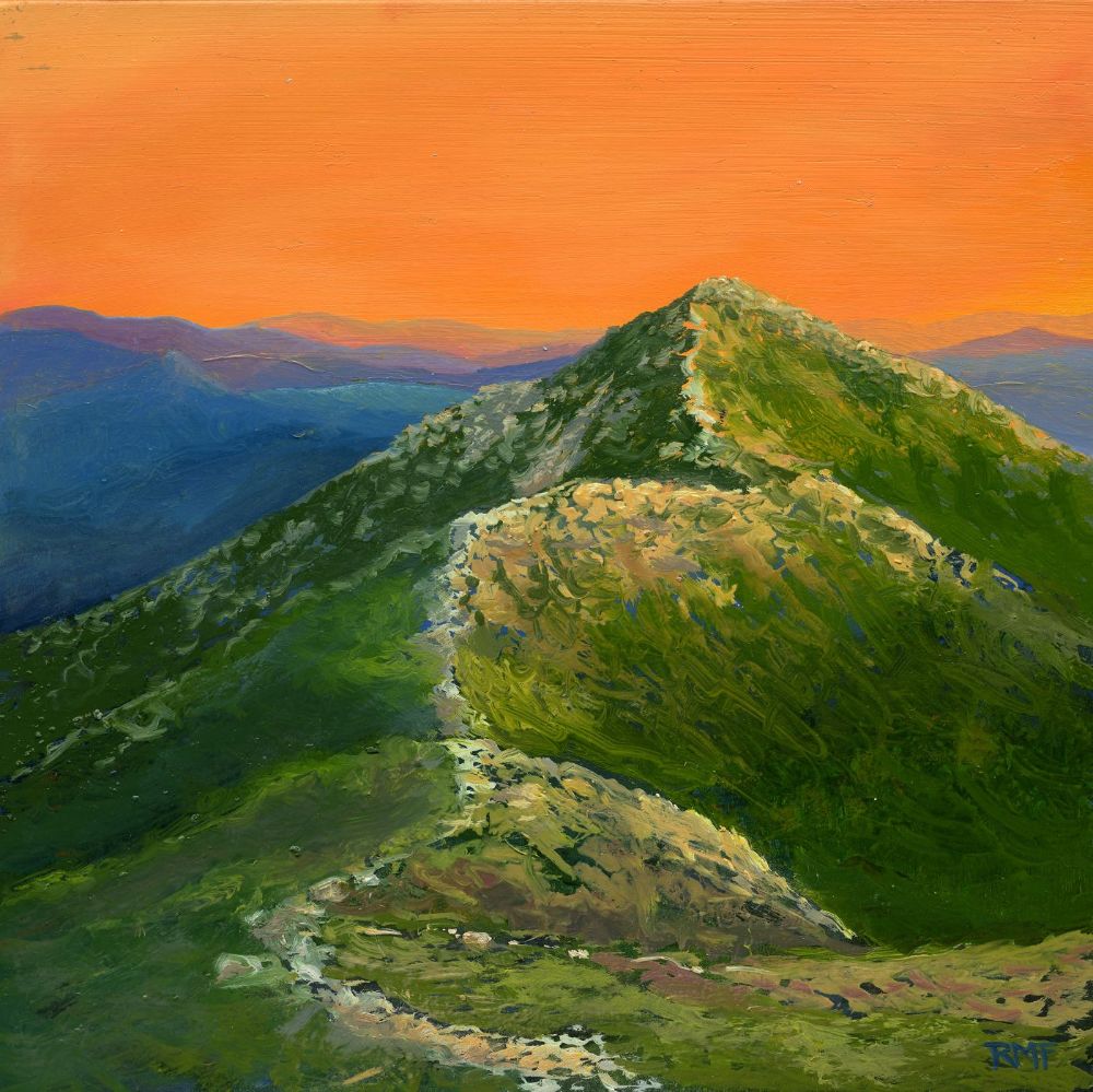 "Lafayette Sunset," 8 by 8 inch oil on panel landscape painting by artist Rebecca M. Fullerton.