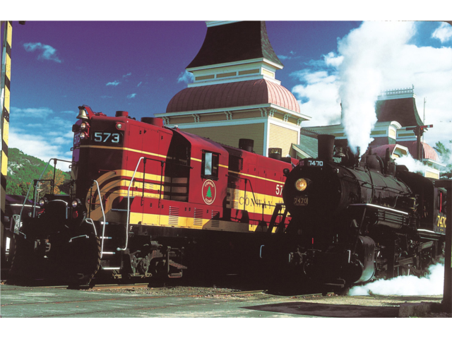 Locomotives at our 1874 station in North Conway Village.