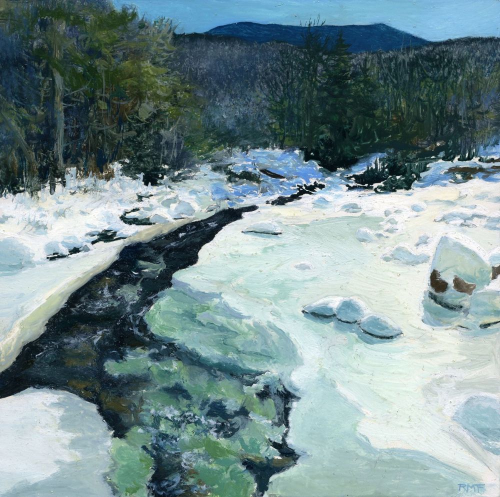 "Franconia Brook Winter," 8 by 8 inch oil on panel landscape painting by artist Rebecca M. Fullerton.