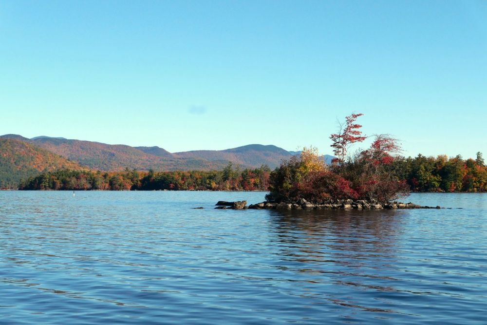 A fall view from the water on Squam Lake