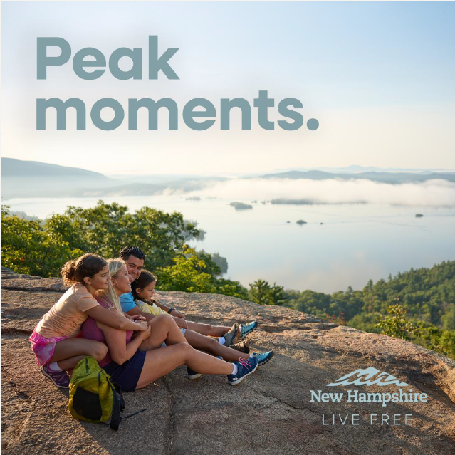 Family on a mountain top caption Peak Memories New Hampshire logo