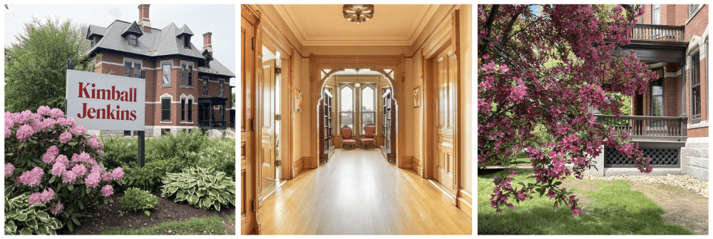Three images of Kimball Jenkins; first image is facing the front of the Mansion; second image is the upstairs interior hallway; third image is a side view of the Mansion deck.