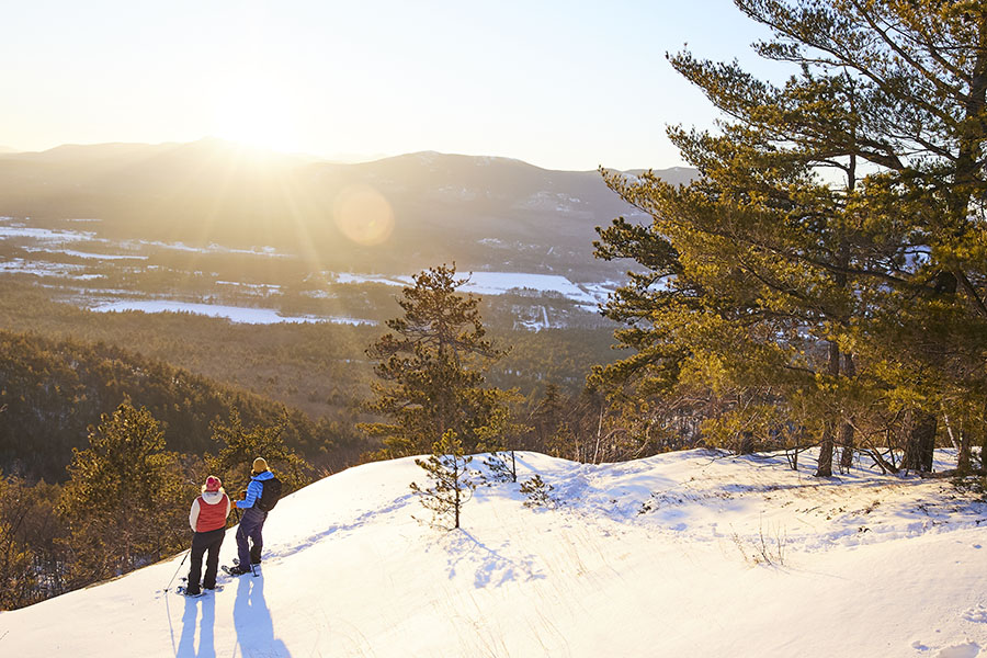 2 people on snowshoes looking at a view