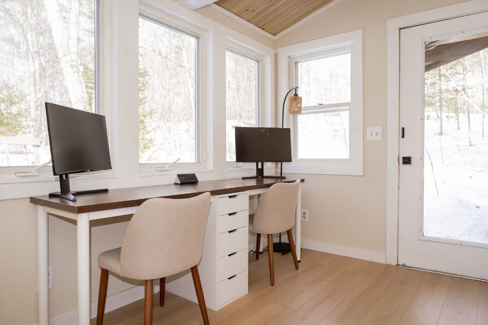 Dedicated workspace with WiFi, dual monitors, and views